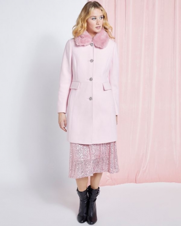 Savida Martha Pink Faux Fur Collar Coat