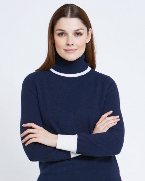 Paul Costelloe Living Studio Navy Colourblock Polo Neck Jumper