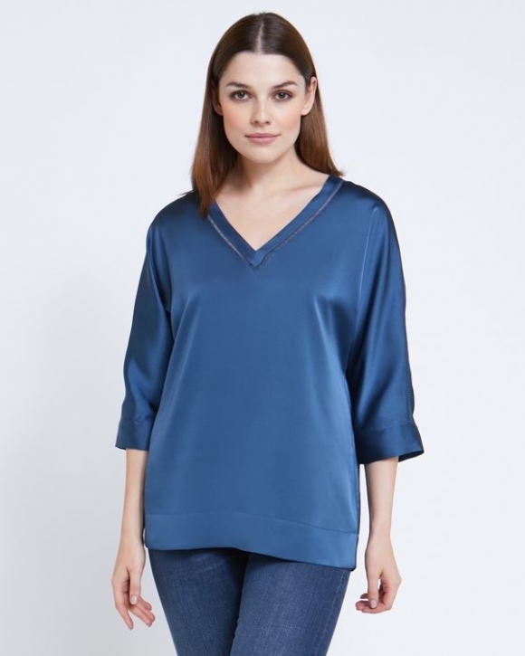 Paul Costelloe Living Studio Navy V-Neck Trim Top